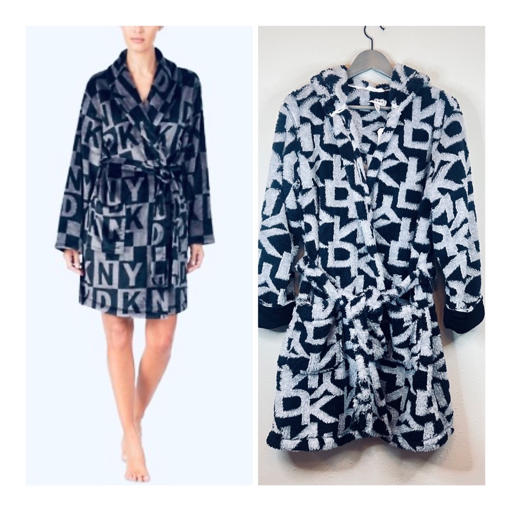 DKNY Fluffy Sherpa Logo Print Black Grey Lounge Robe Size Small NWT